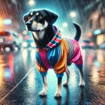 Perro con un chubasquero elegante y funcional, de colores vibrantes con detalles reflectantes, ideal para paseos bajo la lluvia.