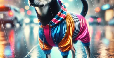 Perro con un chubasquero elegante y funcional, de colores vibrantes con detalles reflectantes, ideal para paseos bajo la lluvia.