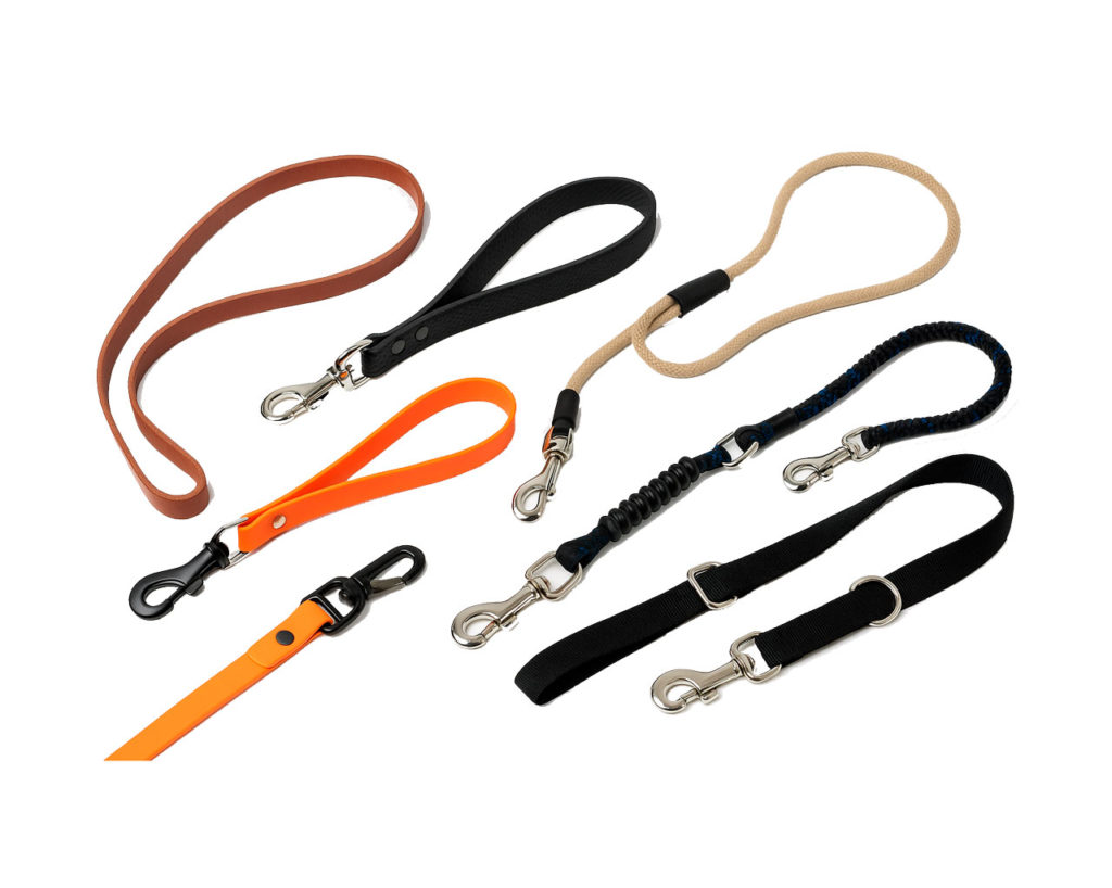 Varias correas de perro sobre fondo neutro