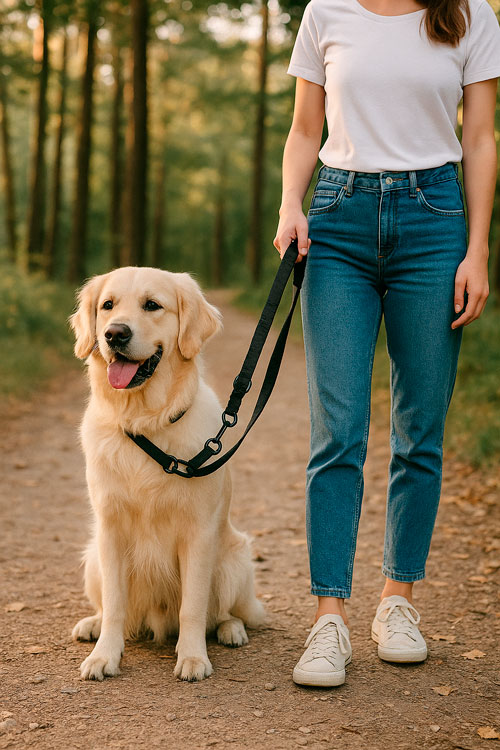 Perro con arnés y correa caminando en ciudad