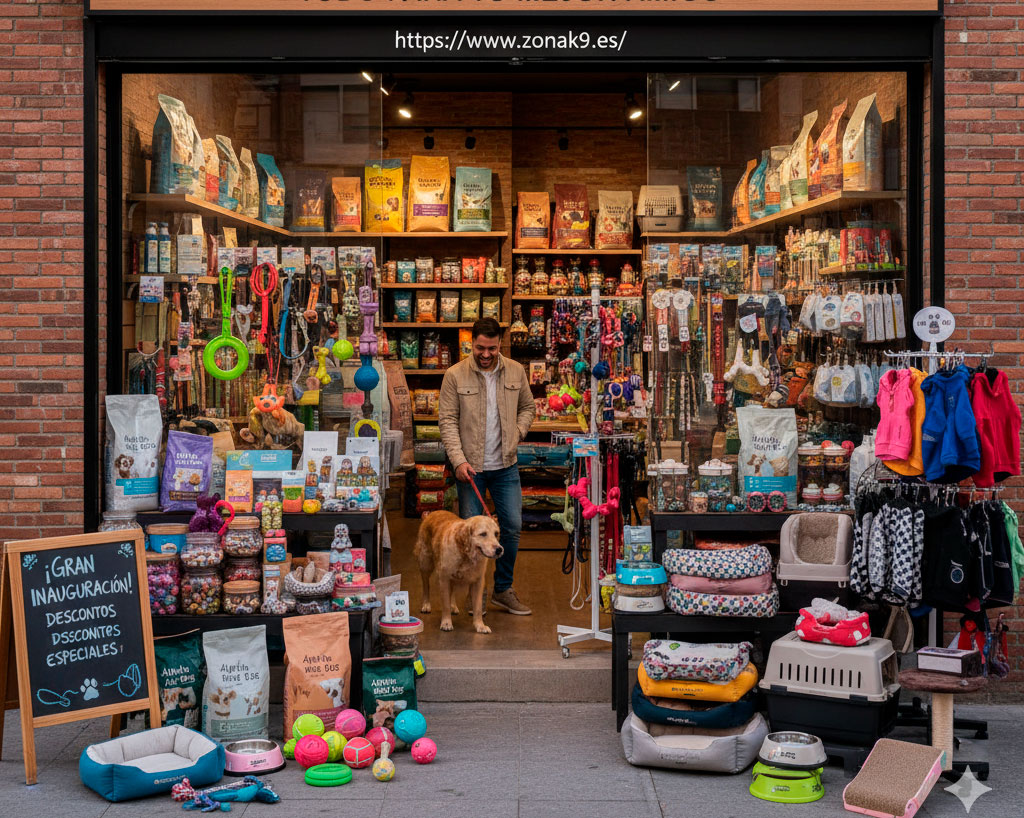 Fachada de la tienda física Zona K9, especialista en productos para perros y mascotas, con gran variedad de alimentos, accesorios y juguetes visibles.
