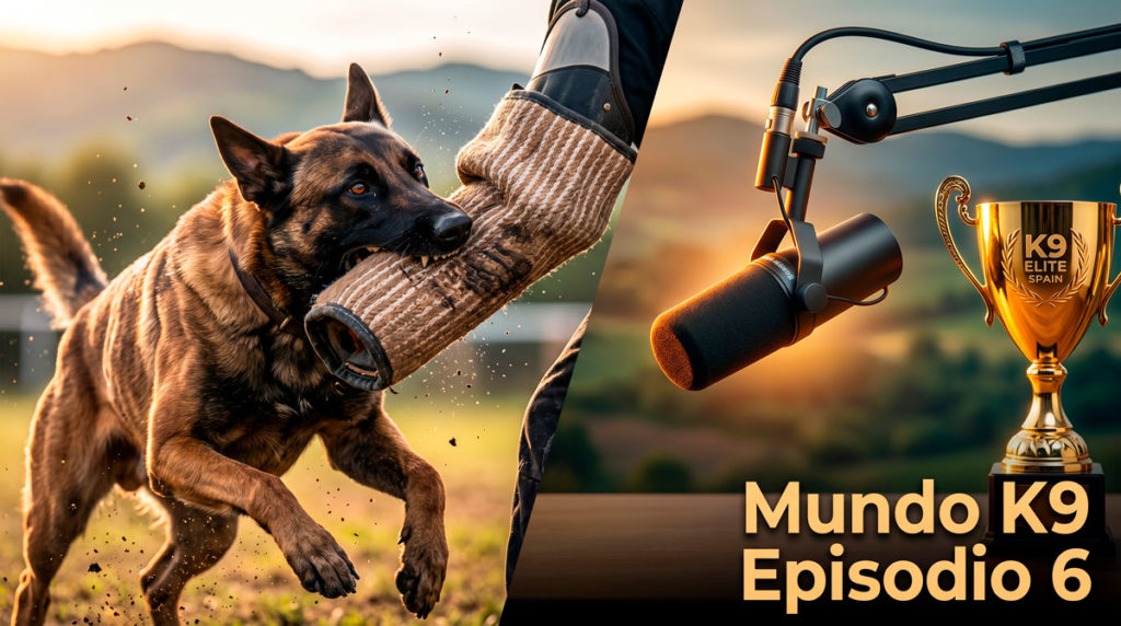 Imagen de portada dividida para el podcast Mundo K9 Episodio 6, mostrando a un Pastor Belga Malinois mordiendo una manga de entrenamiento intensivo junto a un micrófono de estudio profesional y un trofeo de oro de 'K9 ELITE SPAIN'. El texto superpuesto dice: 'Mundo K9 Episodio 6'.