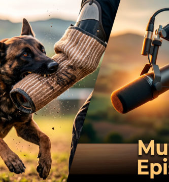 Imagen de portada dividida para el podcast Mundo K9 Episodio 6, mostrando a un Pastor Belga Malinois mordiendo una manga de entrenamiento intensivo junto a un micrófono de estudio profesional y un trofeo de oro de 'K9 ELITE SPAIN'. El texto superpuesto dice: 'Mundo K9 Episodio 6'.
